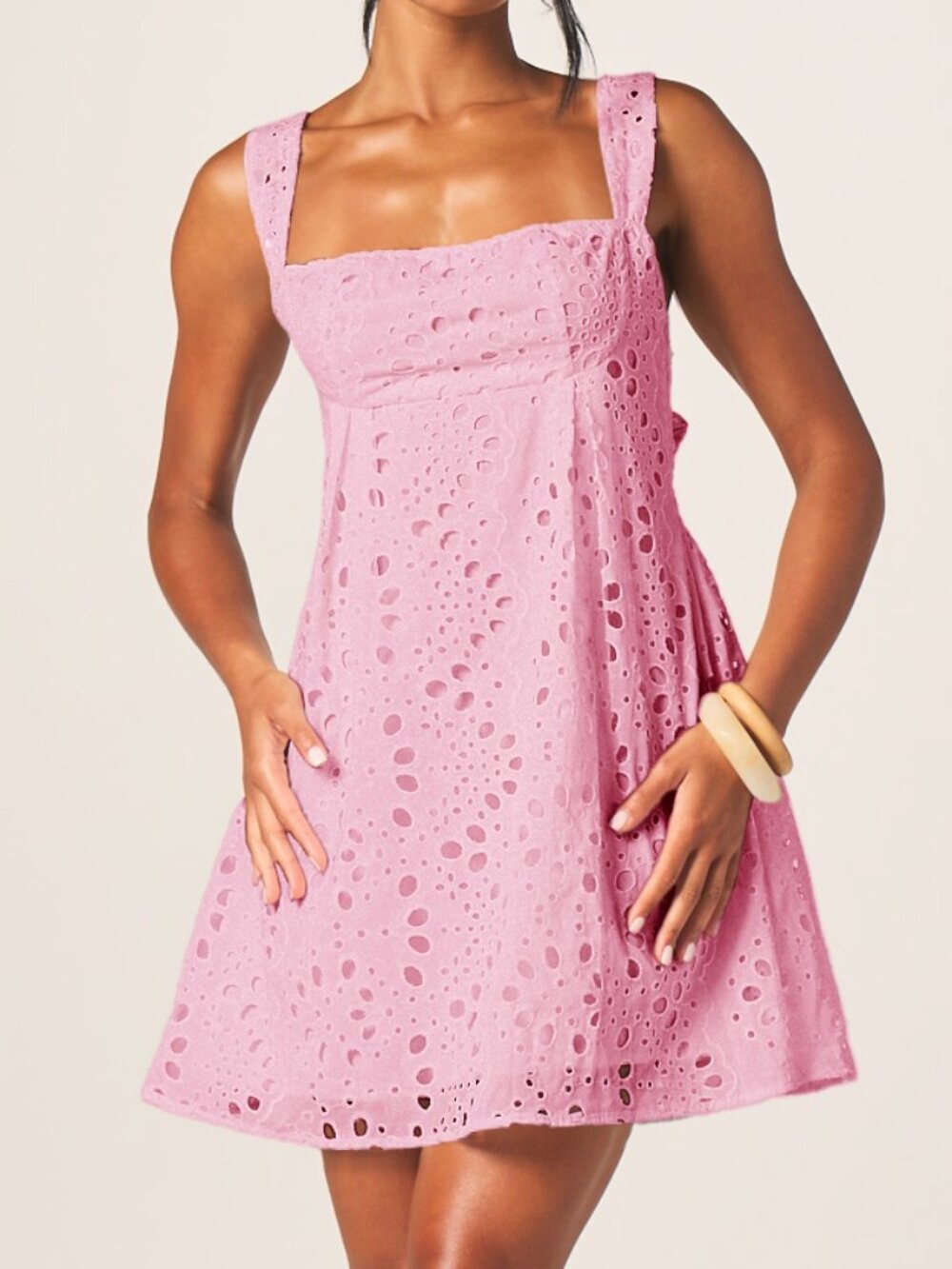 Pink Elegant Women's Eyelet Mini Dress with Bow Back - Picture 3 of 5